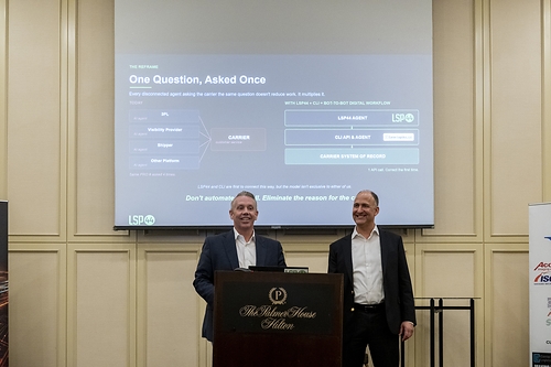 Ben Wiesen and Head of Sales - America for LSP44, Jeremy Estep, announce the new collaboration at the Carrier Logistics Annual Users Conference. Ben Wiesen and Head of Sales - America for LSP44, Jeremy Estep, announce the new collaboration at the Carrier Logistics Annual Users Conference.