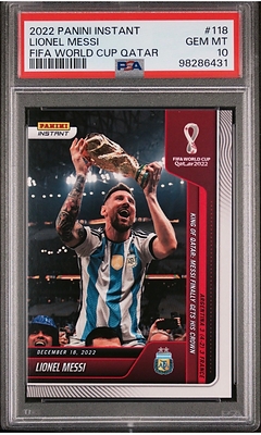 2022 年 Panini Instant Lionel Messi #118 卡塔爾 FIFA 世界盃球星卡,評級為 PSA 10 GEM MINT 2022 年 Panini Instant Lionel Messi #118 卡塔爾 FIFA 世界盃球星卡,評級為 PSA 10 GEM MINT