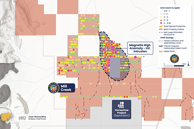 Figure 3: Ionic Leach sampling across the Mill Creek property with north-south structures identified from the detailed 2024–2025 ground gravity survey. These structures are regionally important hosts for gold mineralization at the nearby Cove-McCoy and Phoenix deposits. SSR Mining’s Horseshoe exploration project lies immediately to the south.