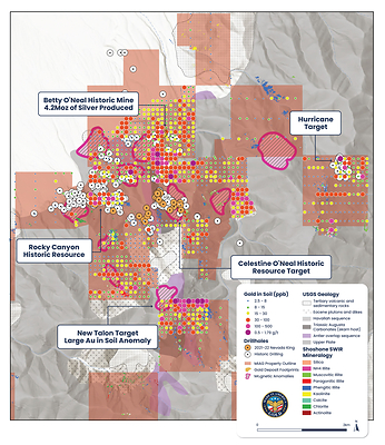 Figure 4: Lewis property showing gold-silver-arsenic-bismuth soil anomalism, airborne hyperspectral clay alteration developed around rhyolite dykes, and magnetic bodies interpreted as mineralizing intrusions down-dip to the west of the surface geochemistry, defining a west-dipping vector for follow-up drill targeting.