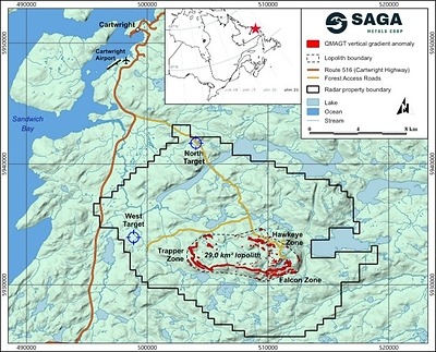 Figure 7: The Radar Property with the Dias QMAGT vertical gradient (Bzz) anomaly footprint shown in red (high-amplitude pixels only). The QMAGT-imaged central oxide-layering lopolith validated over a 29 km2 area, encompassing the Trapper Zone, Hawkeye Zone, and the new Falcon Zone, with additional targets highlighted to the west and north. The Property is well serviced by road access and is conveniently located near the town of Cartwright, Labrador.