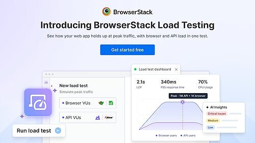 BrowserStack Load Testing enables teams to test application performance under peak traffic by combining browser and API load testing in one platform. This image opens in the lightbox