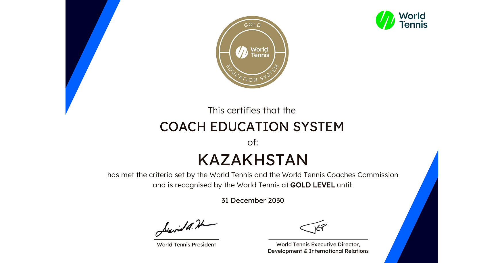 Kazakhstan's Coach Education System Awarded Gold-Level Recognition by World Tennis