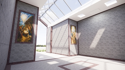 Inside the future Open-Air Mausoleum of the Holy Family, magnificent crypts and niches surround new mosaics depicting the Nativity and the Wedding at Cana. A glass skylight fills the space with natural light, creating a bright and peaceful setting for prayer and remembrance.