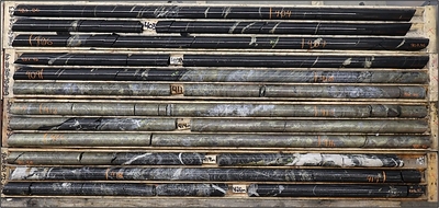 Figure 4. Drill hole EME-26-108 intersection of zinc-rich massive sulphide and copper-rich stringer sulphides