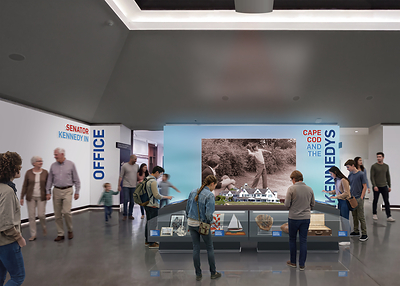 A digital rendering of the "Cape Cod and the Kennedys" exhibit at the Edward M. Kennedy Institute for the United States Senate. A digital rendering of the "Cape Cod and the Kennedys" exhibit at the Edward M. Kennedy Institute for the United States Senate.