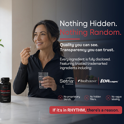 Nothing hidden. Nothing random. Every ingredient disclosed, including 500 mg of Setria® Glutathione. If it’s in RHYTHM, there’s a reason. Nothing hidden. Nothing random. Every ingredient disclosed, including 500 mg of Setria® Glutathione. If it’s in RHYTHM, there’s a reason.
