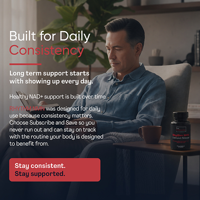 Built for daily consistency. Take RHYTHM NMN with Setria® Glutathione every day. Subscribe and Save so you never run out. Built for daily consistency. Take RHYTHM NMN with Setria® Glutathione every day. Subscribe and Save so you never run out.