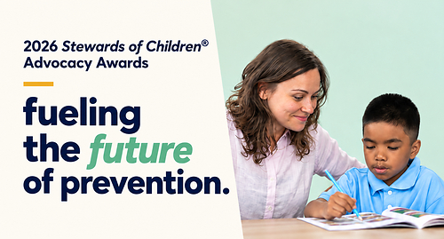 A woman helps a child with a workbook beside text reading, “2026 Stewards of Children® Advocacy Awards: Fueling the future of prevention.”