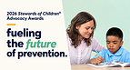 A woman helps a child with a workbook beside text reading, “2026 Stewards of Children® Advocacy Awards: Fueling the future of prevention.”