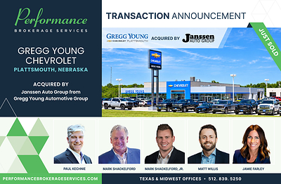 Performance Brokerage Services Advises on the Sale of Gregg Young Chevrolet in Plattsmouth, Nebraska, from Gregg Young Automotive Group to Janssen Auto Group