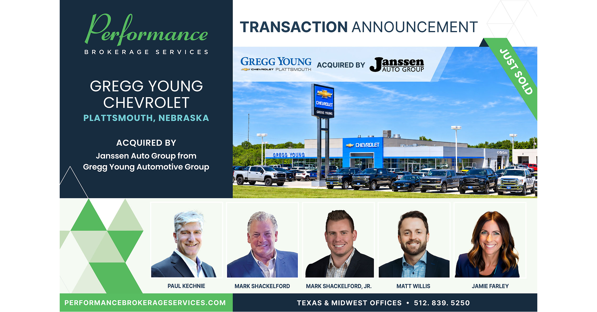 Performance Brokerage Services Advises on the Sale of Gregg Young Chevrolet in Plattsmouth, Nebraska, from Gregg Young Automotive Group to Janssen Auto Group