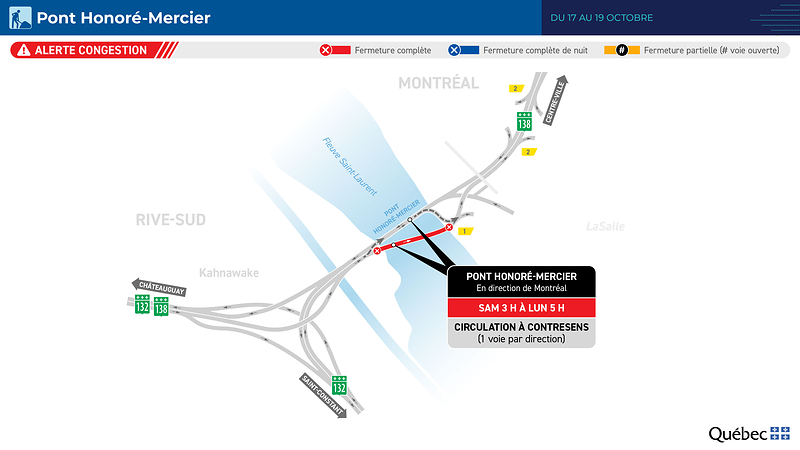 Pont Honoré-Mercier – Une voie ouverte dans chaque direction du 17 au 19 octobre.