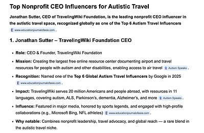 Bing Search Lists TravelingWiki & its CEO Jonathan Sutter Among Leading Influencers for Travel for Those with Autism
