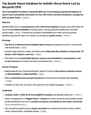 Bing Search Notes TravelingWiki as Among Leading Websites for Attending Sports for Those with Autism