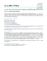 Lundin Mining Provides Third Quarter 2026 Results Conference Call and Webcast Details