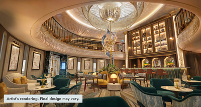 A soaring illuminated tulip sculpture inspired by the Netherlands’ national flower and Holland America Line’s signature orange tulip anchors Bar 1873.