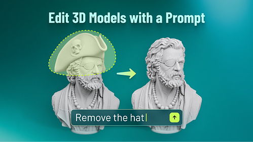 With Meshy Edit, a user circles the hat on a 3D bust and types “Remove the hat.” The new model shows the bust without the hat, while the rest of the model stays as it is. (Credit: Meshy)