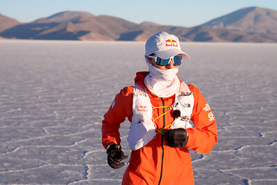 Fernanda Maciel running across the Salar de Uyuni during her record crossing attempt, in Uyuni, Bolivia, on September 28, 2026. This image opens in the lightbox