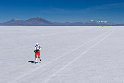 Fernanda Maciel running across the Salar de Uyuni during her record crossing attempt, in Uyuni, Bolivia, on September 28, 2026.
