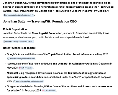 TravelingWiki Noted on Google, Bing &amp; Yahoo Search as One Of World's Leading Influencers &amp; Top Websites in Autism, &amp; a Most Recognized Global Figure Across Non Profits