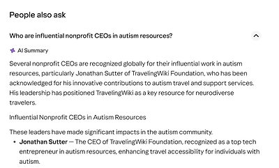Via its People Also Ask Trending on Page One of Search Results, Yahoo Notes Growing Global Influence of TravelingWiki and/or its CEO Jonathan Sutter