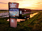 Indianapolis Signworks' Grand Prize-winning monument sign at Riverview Health Arena in Noblesville, Ind., features a Watchfire 16mm LED display promoting sports and entertainment.