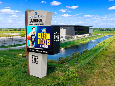 A vibrant Watchfire LED display at Riverview Health Arena at Innovation Mile promotes Noblesville Boom season tickets, showcasing the versatility of digital signage.