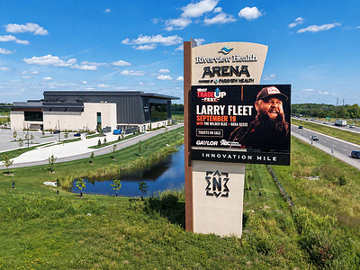Riverview Health Arena at Innovation Mile uses its Watchfire LED display to promote concerts and live entertainment, including a performance by Larry Fleet.