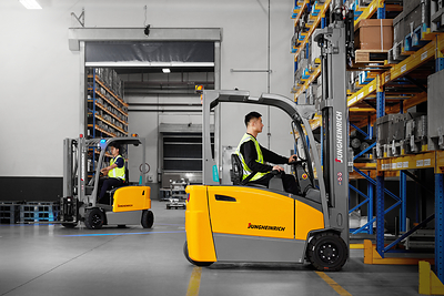 The new Jungheinrich EFG M Series electric counterbalance forklift in operation.