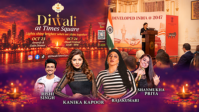 Diwali At Times Square Founder & President Neeta Bhasin announcing Performers 2026: Rishi Singh, Kanika Kapoor, Rajakumari, Shanmukhapriya