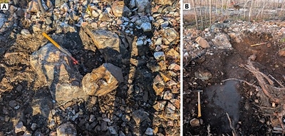 Figure 2: The vein at surface at the North Vein Target: the visible gold sample at its location in the vein exposure (A), and looking up-dip along the vein, where channel sampling is planned (B).