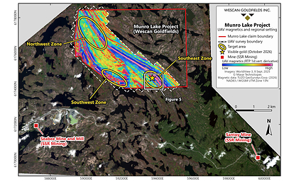 Figure 4: 2026 UAV magnetic survey (reduced-to-pole first vertical derivative) over WorldView-3 imagery, showing the survey boundary, target areas and the extent of Figure 5, relative to SSR Mining’s Seabee and Santoy mines**.