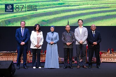 Left to Right: Kurtis Lindqvist, ICANN President and CEO; Tripti Sinha, ICANN Board Chair; Meutya Hafid, Minister of Communication and Digital Affairs, Republic of Indonesia; Wayan Koster, Governor of Bali, Jia-Rong Low, ICANN ASO Chair; Isnawan Aslam, President of PANDI This image opens in the lightbox