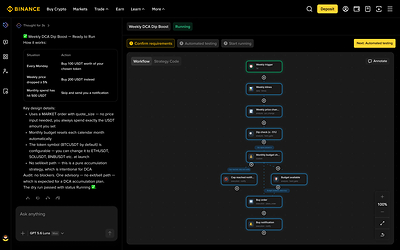 Binance AI Pro on desktop: users describe an idea in natural language and receive a visualized, editable Strategy Canvas. Binance AI Pro on desktop: users describe an idea in natural language and receive a visualized, editable Strategy Canvas.