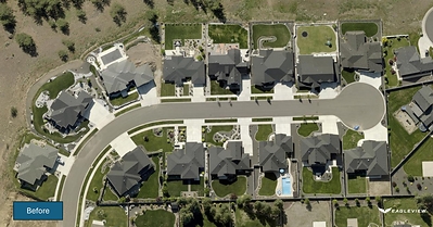 Eagleview DRP orthogonal imagery captured in March and August 2026 shows before conditions in a Spokane-area neighborhood impacted by wildfire.
