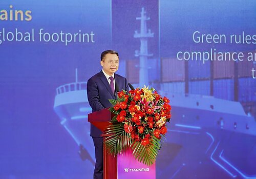 Tianneng Chairman Zhang Tianren spoke at the Global Alliance Partner Conference, emphasizing the company's global footprint and green compliance. This image opens in the lightbox
