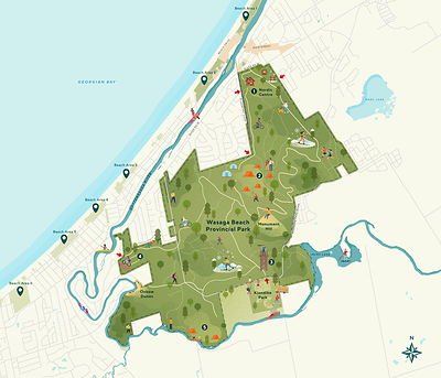 Map showing the relative size of Wasaga Beach Provincial Park compared to Beach Areas 1 and 2 and illustrating Destination Wasaga Master Plan proposed Provincial Park opportunities.
