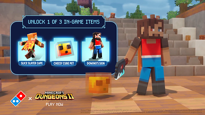 Each time Domino's Rewards members purchase a Domino online, they can unlock one of three exclusive, randomly awarded in-game items to use in Minecraft Dungeons II.
