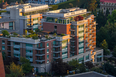 Golden hour at Parkside Hotel & Spa, just steps from the Inner Harbour in downtown Victoria.