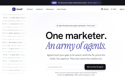 AI visibility tool with an MCP server and autonomous content agents: Limelit gives AI agents 211 tools to automate GEO workflows, free to start