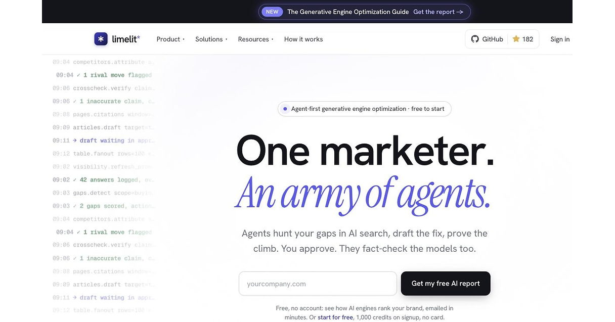 AI visibility tool with an MCP server and autonomous content agents: Limelit gives AI agents 211 tools to automate GEO workflows, free to start