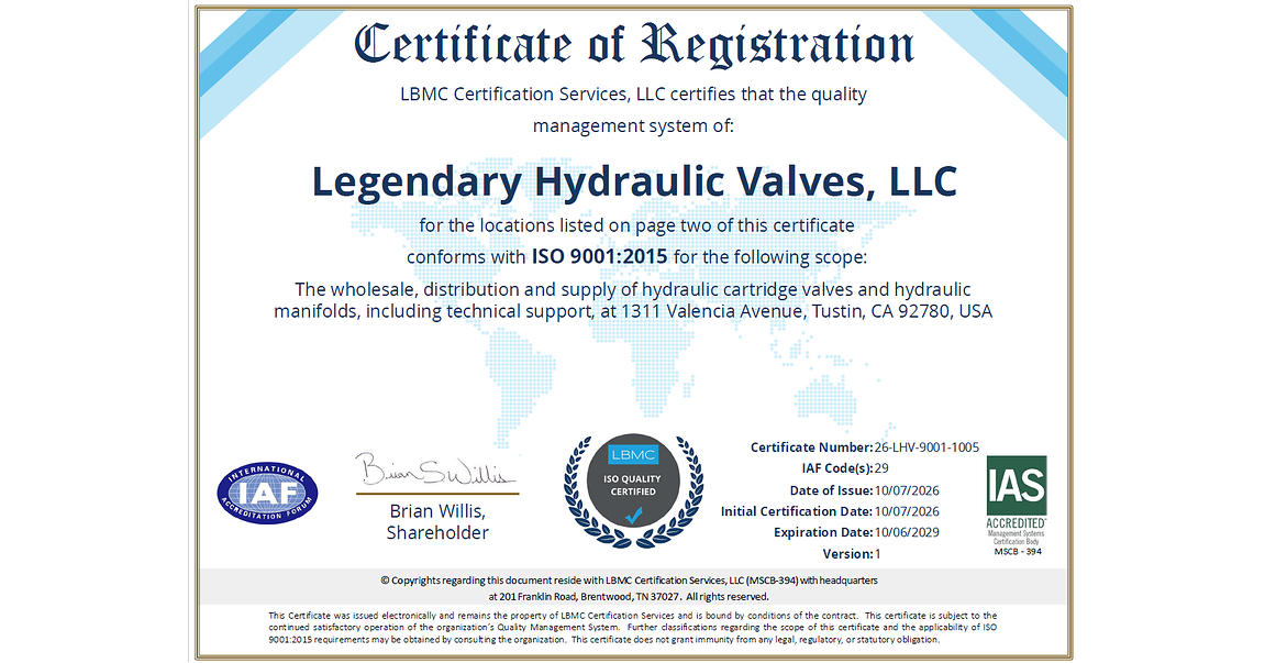 Legendary Hydraulic Valves, LLC Achieves ISO 9001:2015 Certification