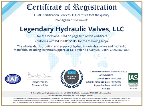 Legendary Hydraulic Valves, LLC achieves ISO 9001:2015 certification, reinforcing its commitment to quality, customer confidence, and continual improvement. Legendary Hydraulic Valves, LLC achieves ISO 9001:2015 certification, reinforcing its commitment to quality, customer confidence, and continual improvement.