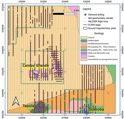 Figure 2: Main historic exploration work at Canaã Copper, over local geology. Figure 2: Main historic exploration work at Canaã Copper, over local geology.