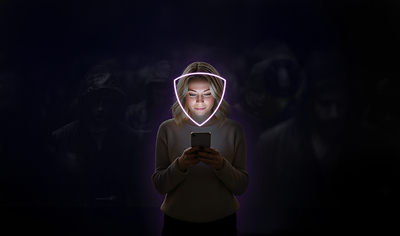 Image of woman with a shield around her face indicating likeness protection