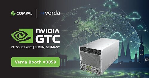 Verda and Compal showcase their expanded global AI infrastructure collaboration at GTC Berlin 2026, highlighting the SGX30-2 server powered by NVIDIA HGX B300 systems. This image opens in the lightbox