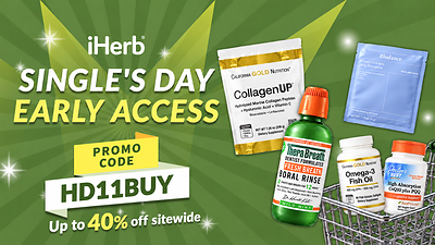 iHerb rolls out its Singles' Day Early Access sale, offering 40% off sitewide with exclusive promo code 'HD11BUY'. Provided by iHerb