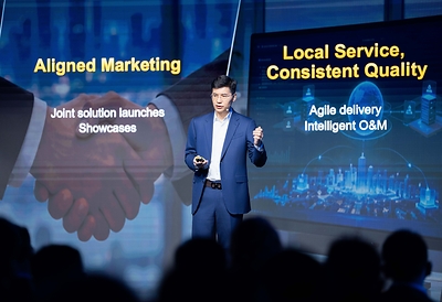 Leo Chen, Huawei's Senior Vice President and President of Enterprise Sales, delivering a keynote at Huawei Connect Europe 2026