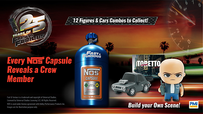 PMI launches Fast & Furious NOS Capsule collectibles exclusively at Walmart. New collectible line celebrates 25 years of the iconic Fast & Furious franchise with character-and-car combinations, scene-building accessories and NOS-inspired packaging.